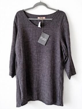 FLAX 100% Linen Top-Relaxed Fit Gray Tunic Blouse NWT